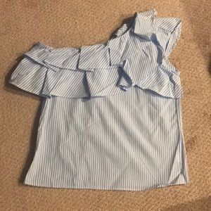 Blue and white striped one shoulder ruffle top